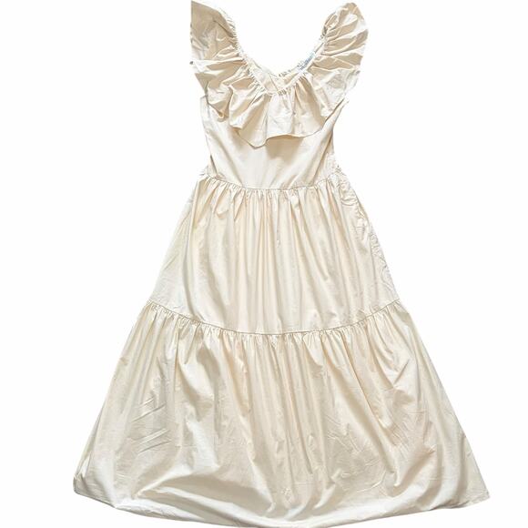 English Factory Midi Dress S Beige Ruffle Neck Sleeveless Cottagecore Girly NWT - Picture 2 of 7